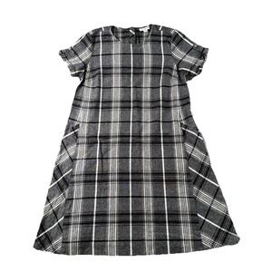 J Jill Dress Womens XS Black White Plaid Roll Tab Sleeves Linen Blend Pockets